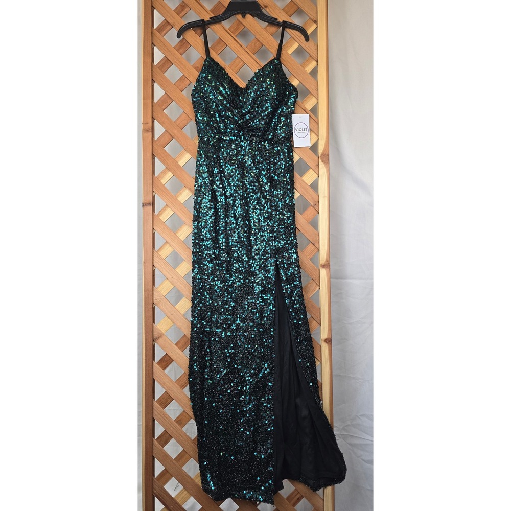 Violet Weekend Sequin Maxi Dress Women 5/6 Black Teal Sparkle Prom Gown - NEW